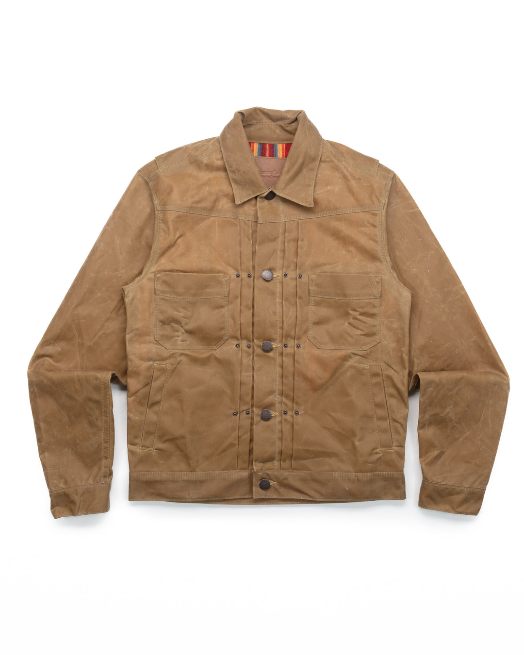 riders jacket waxed canvas tobacco in Brown Blue Owl Workshop Large Sewn in USA Duncan is 510 150lns wearing a M Waxed Riders Jacket - Tumbleweed