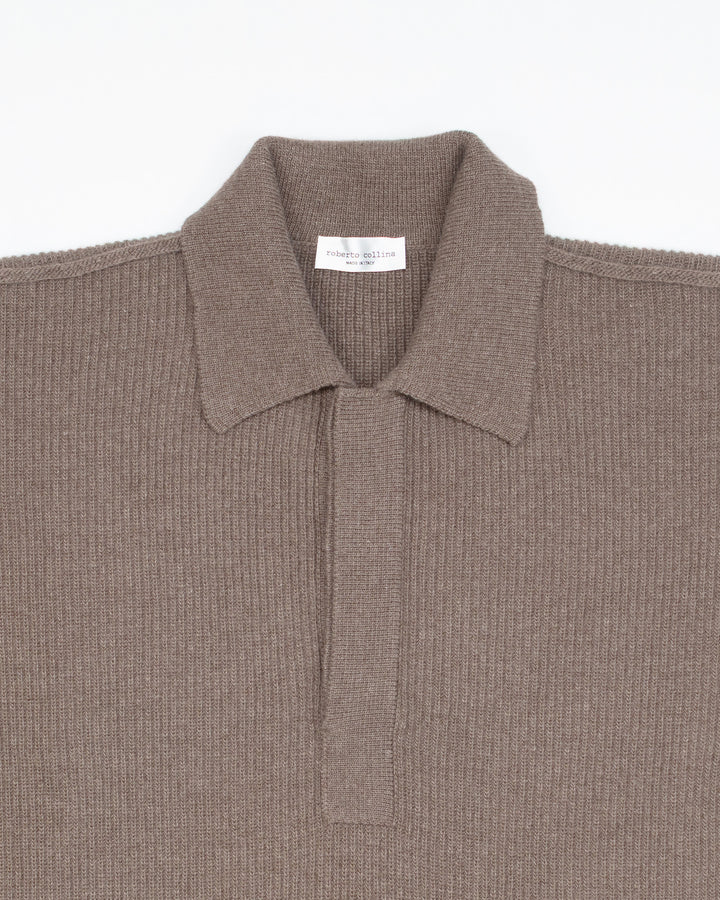 Oversized Ribbed Polo Sweater in Taupe