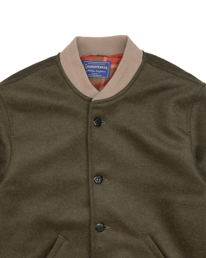 The Fenway Varsity Jacket in Dark Green Wool