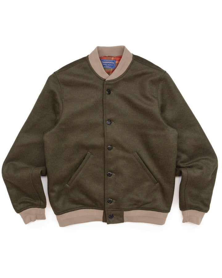 The Fenway Varsity Jacket in Dark Green Wool