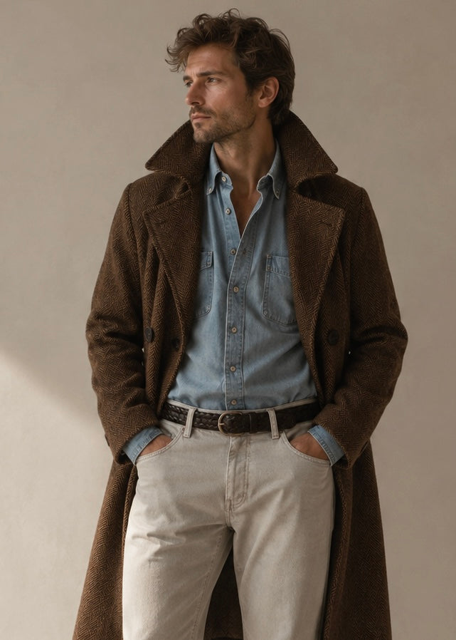 The Porto Coat in Brown Herringbone Wool