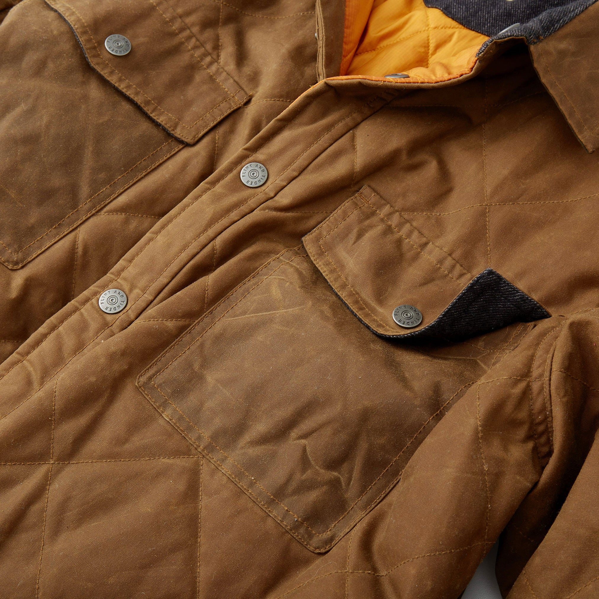 Quilted Waxed Shirt Jacket in Brown with Orange Lining