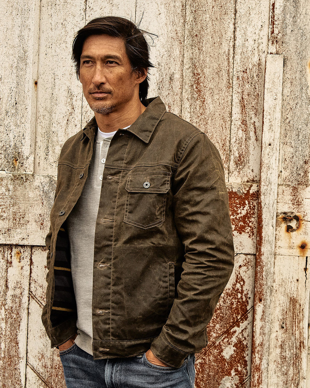 Flannel Lined Waxed Trucker Jacket in Forest