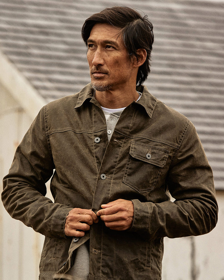 Flannel Lined Waxed Trucker Jacket in Forest