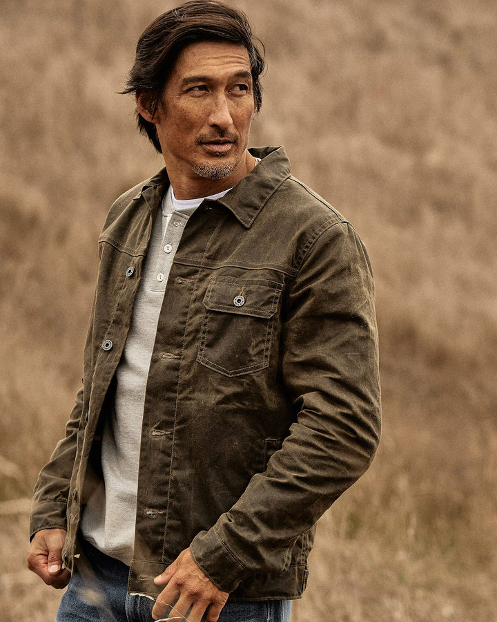Flannel Lined Waxed Trucker Jacket in Forest