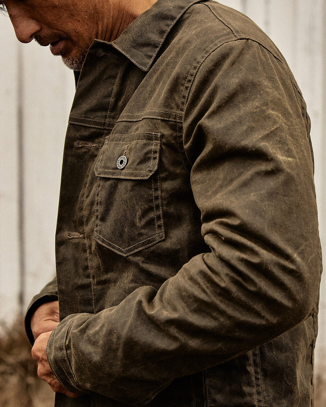 Flannel Lined Waxed Trucker Jacket in Forest