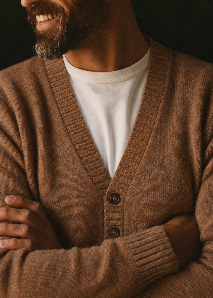 The Attik Cardigan in Tobacco Donegal
