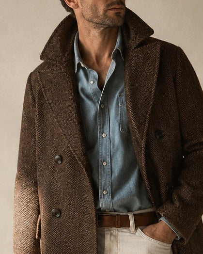 The Porto Coat in Brown Herringbone Wool