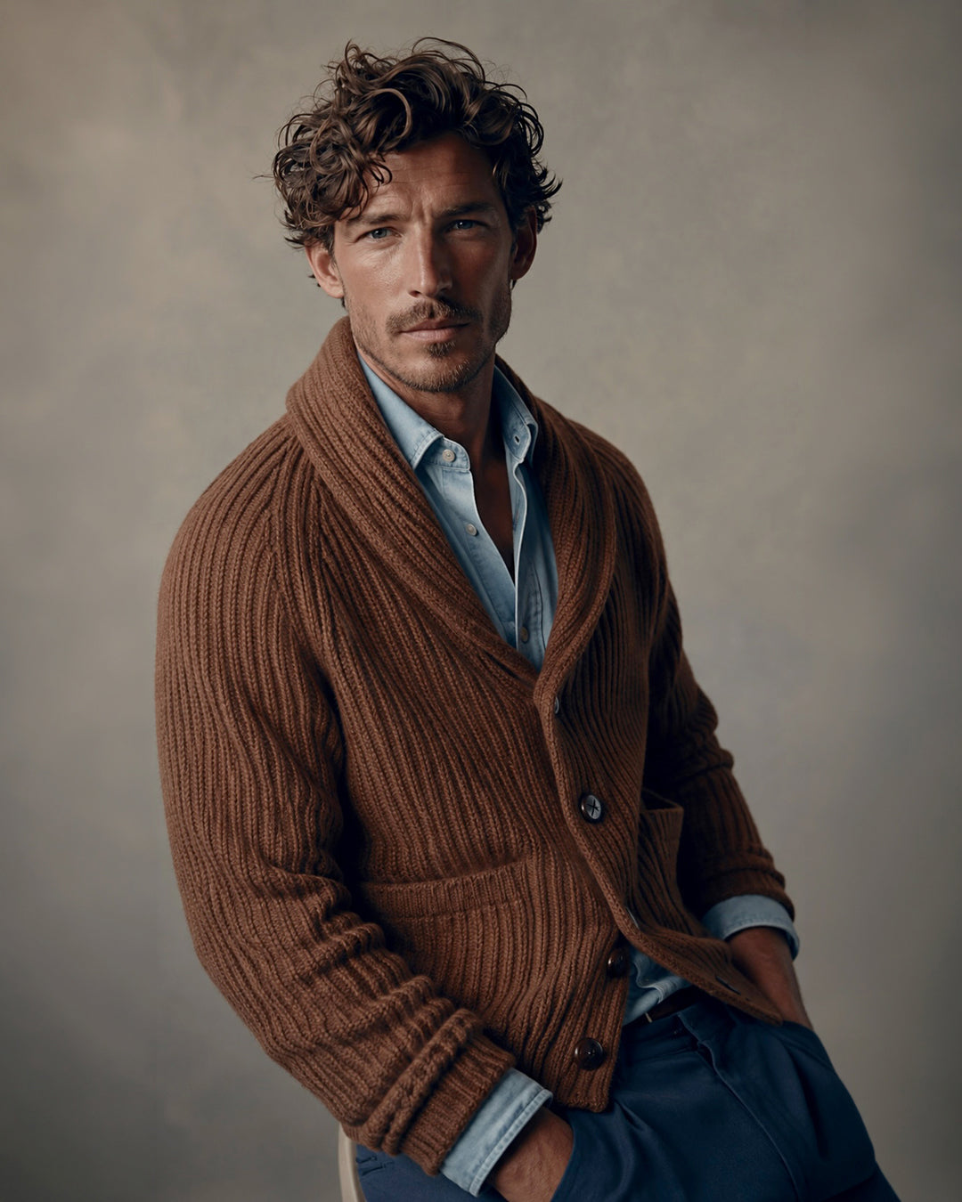 Wide Rib Shawl Cardigan In Brown