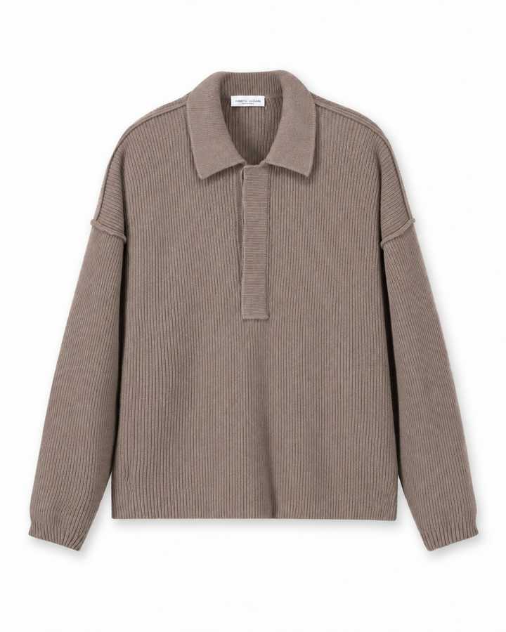Oversized Ribbed Polo Sweater in Taupe