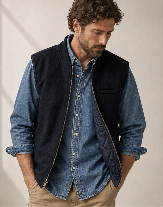 The Owl Reversible Vest in Navy Wool