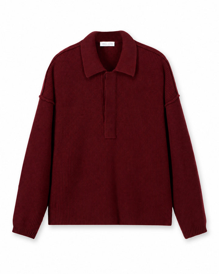 Oversized Ribbed Polo Sweater in Burgundy