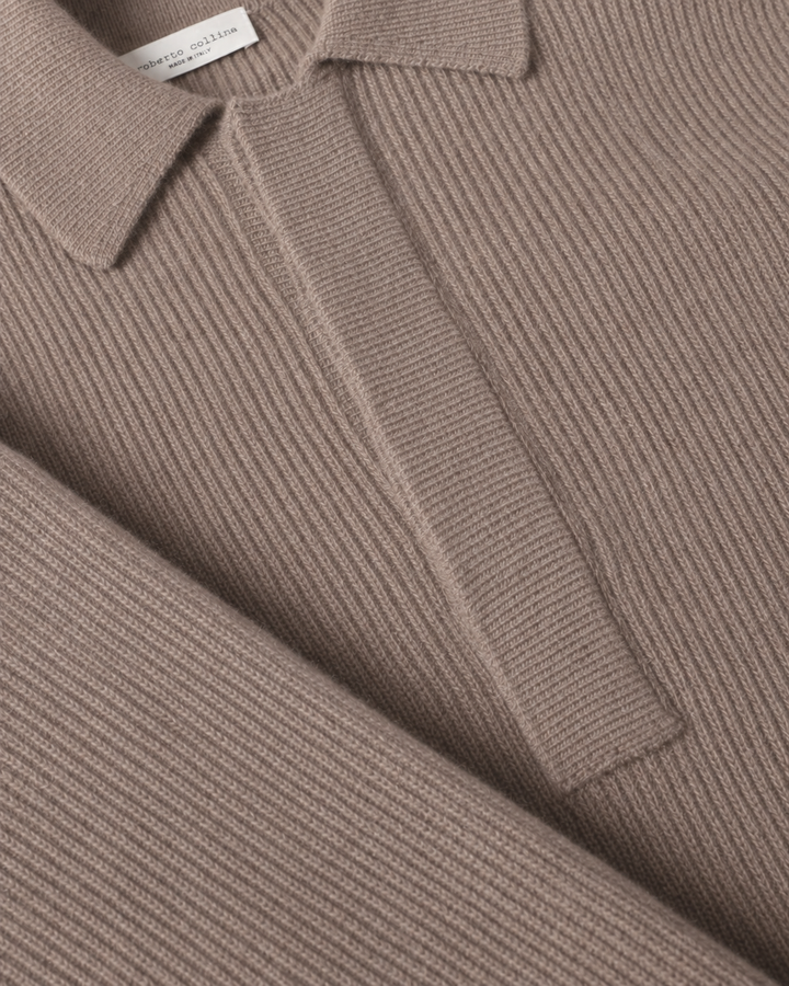 Oversized Ribbed Polo Sweater in Taupe