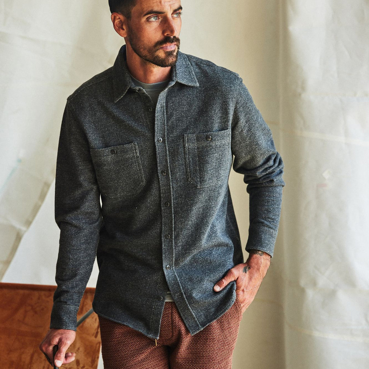 The Utility Shirt in Navy French Terry Twill Knit