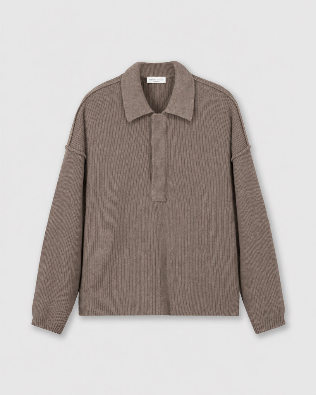 Oversized Ribbed Polo Sweater in Taupe