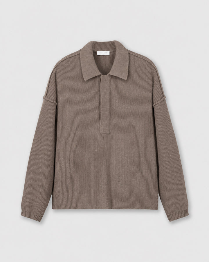 Oversized Ribbed Polo Sweater in Taupe