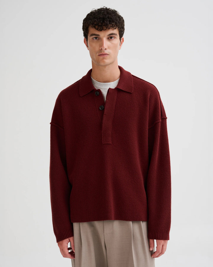 Oversized Ribbed Polo Sweater in Burgundy