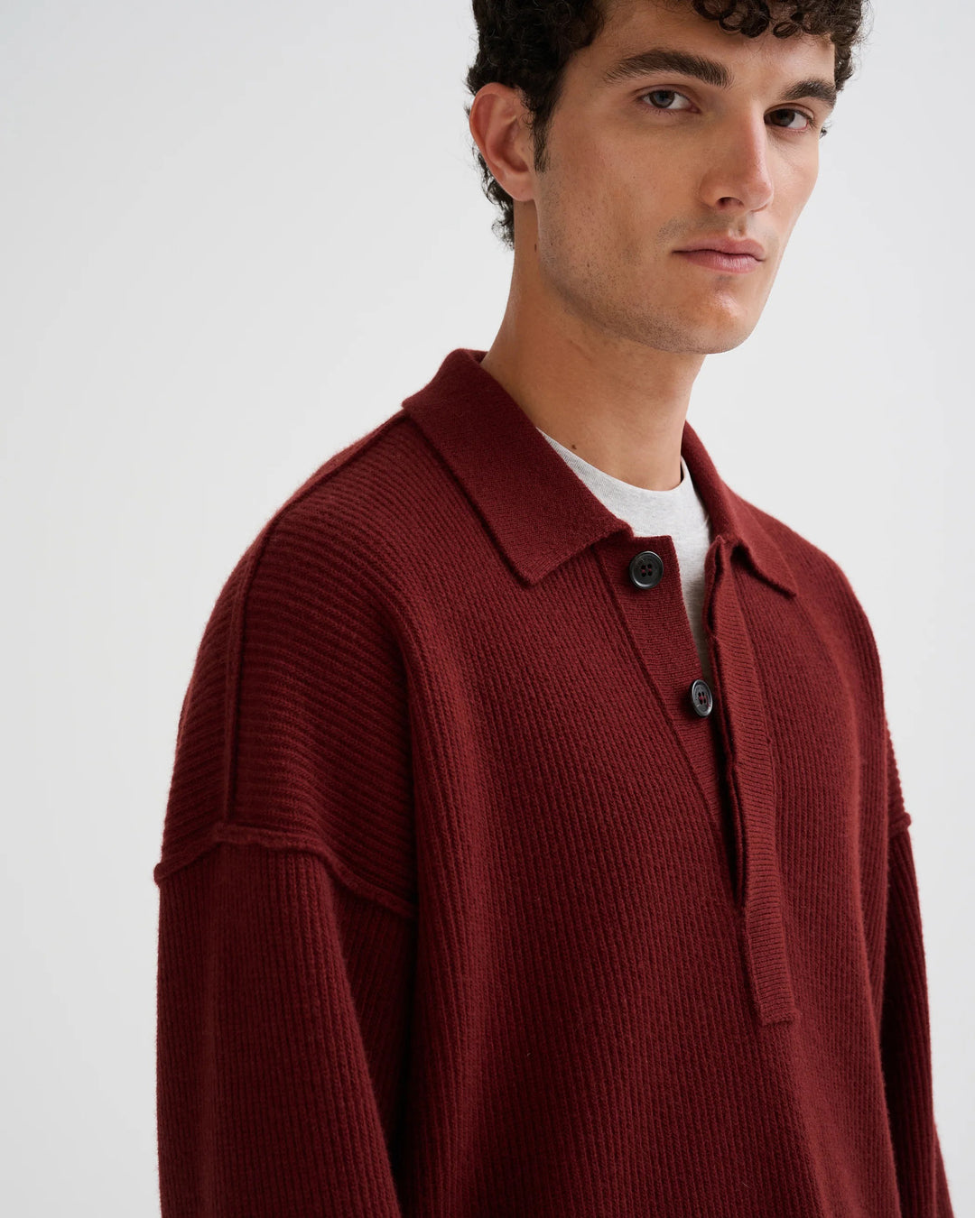 Oversized Ribbed Polo Sweater in Burgundy