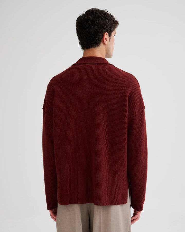 Oversized Ribbed Polo Sweater in Burgundy