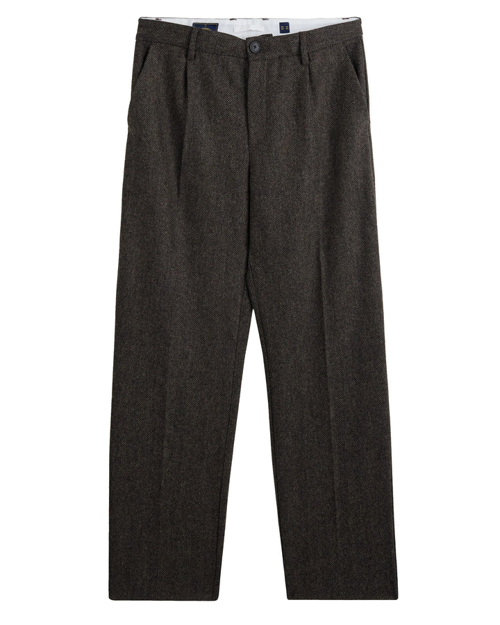 Single Pleat Herringbone Trousers in Brown Wool