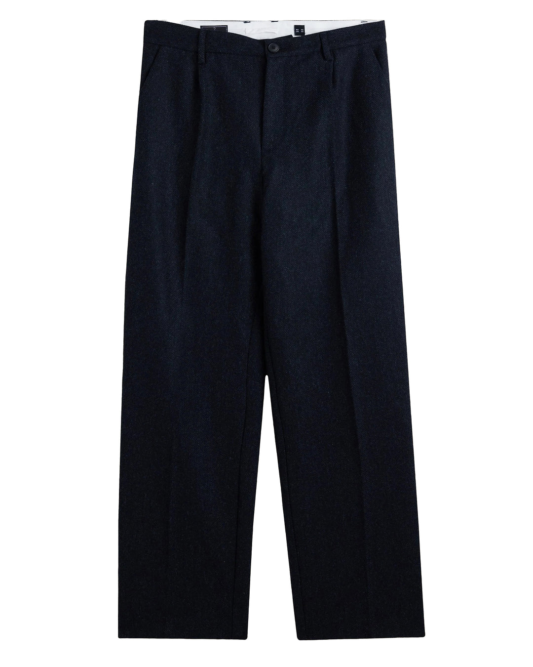 Single Pleat Herringbone Trousers in Navy Wool