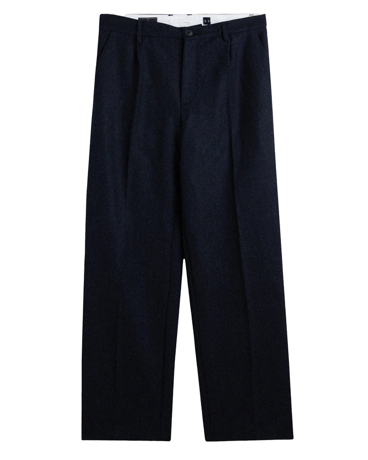 Single Pleat Herringbone Trousers in Navy Wool