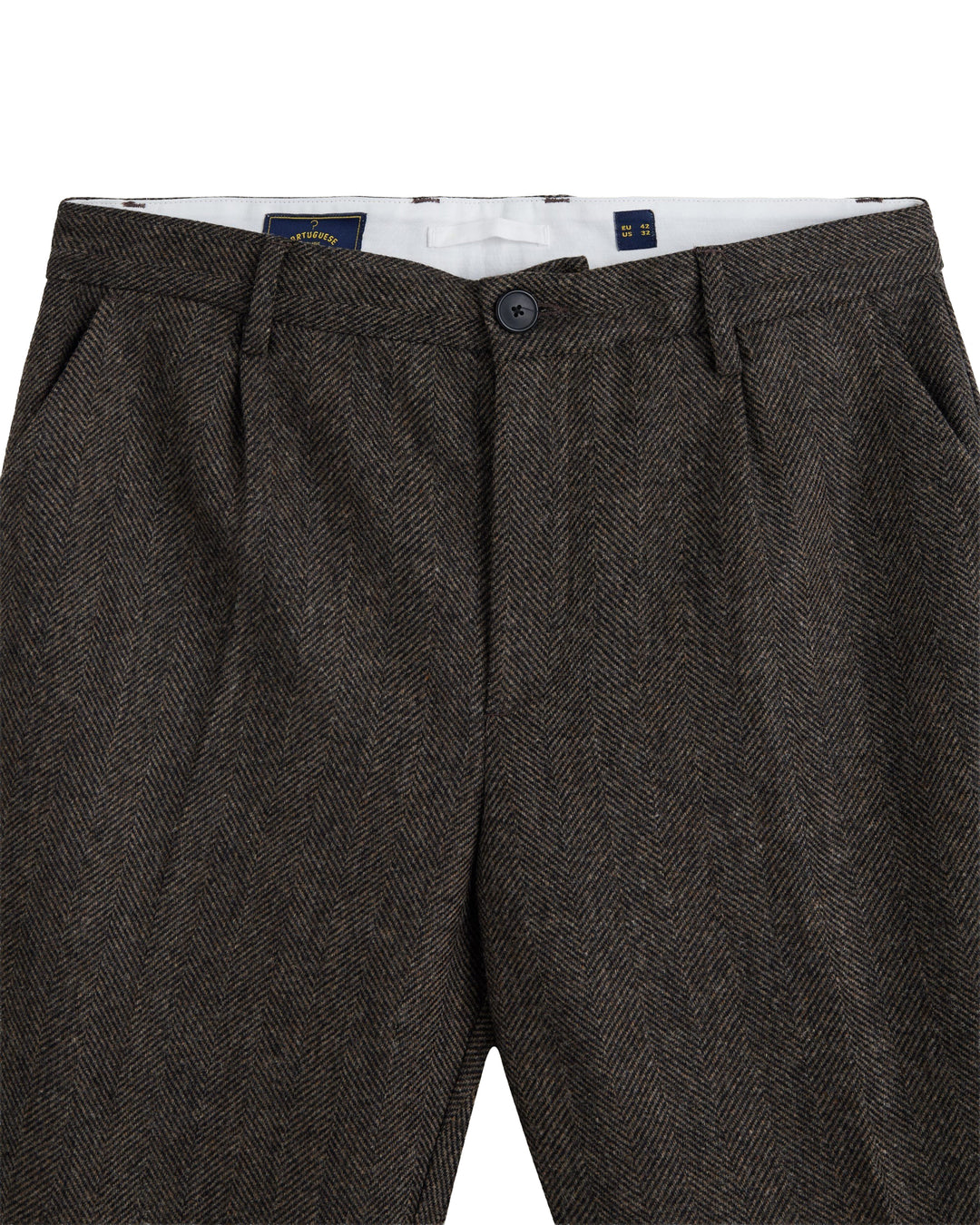 Single Pleat Herringbone Trousers in Brown Wool