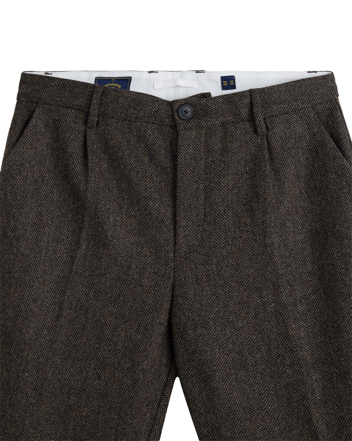 Single Pleat Herringbone Trousers in Brown Wool
