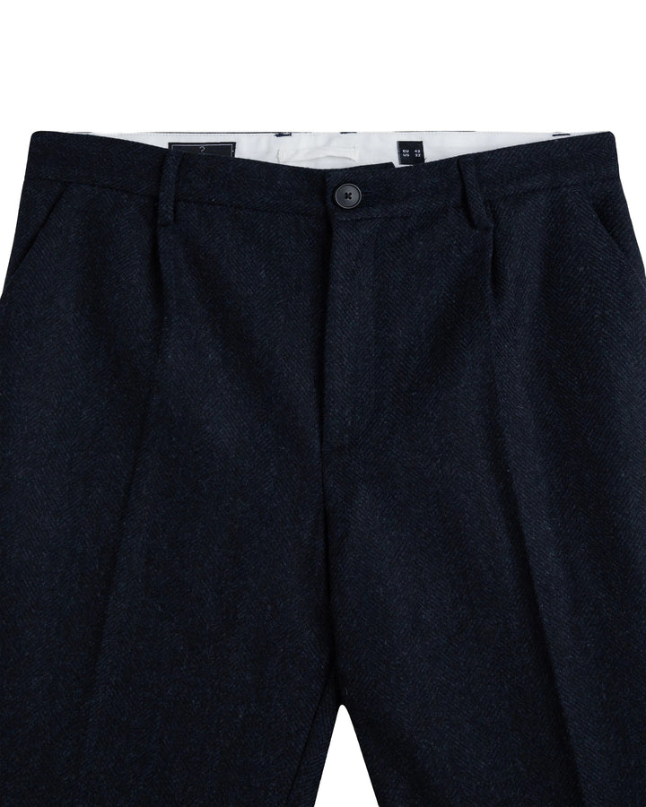 Single Pleat Herringbone Trousers in Navy Wool