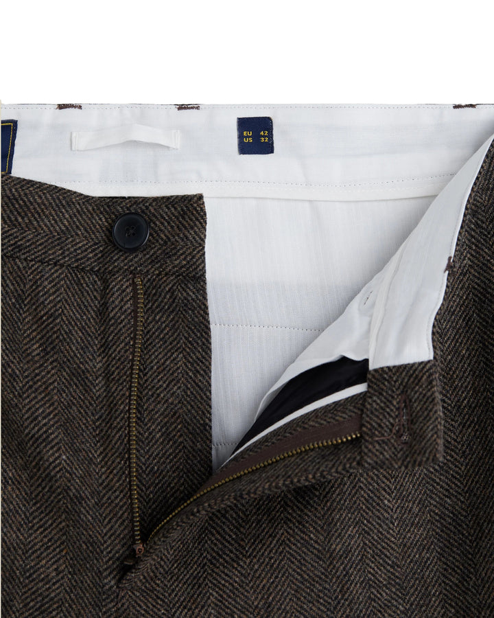 Single Pleat Herringbone Trousers in Brown Wool