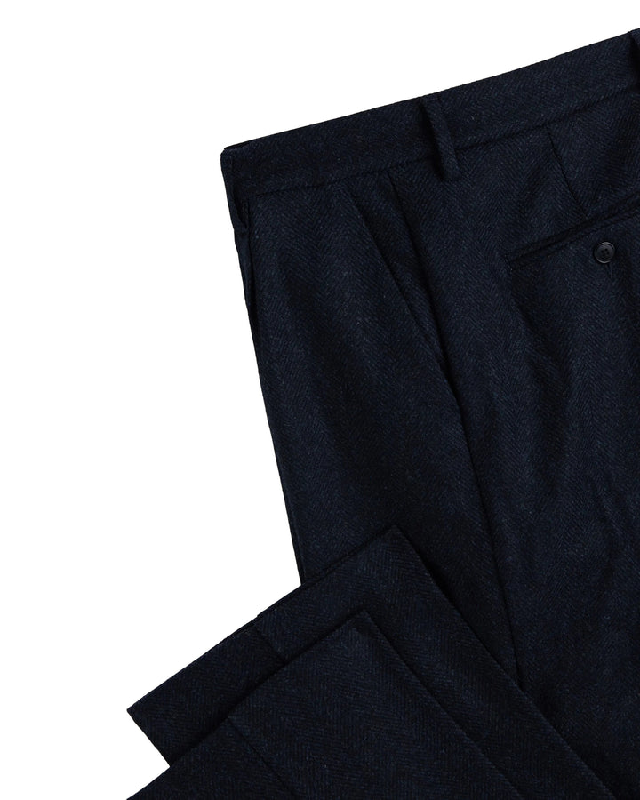 Single Pleat Herringbone Trousers in Navy Wool