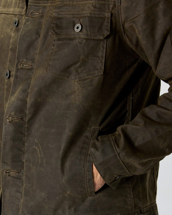 Flannel Lined Waxed Trucker Jacket in Forest