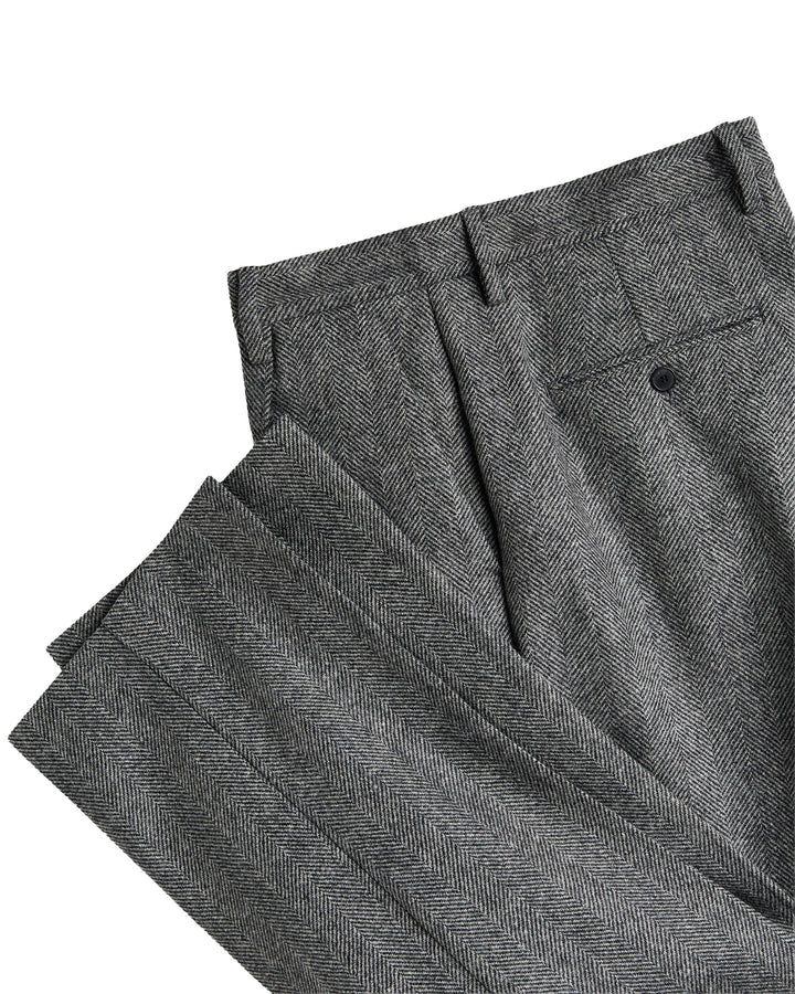 Single Pleat Herringbone Trousers in Grey Wool