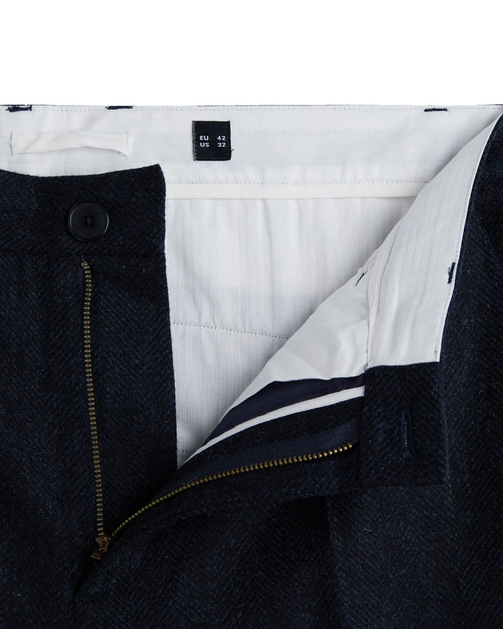 Single Pleat Herringbone Trousers in Navy Wool