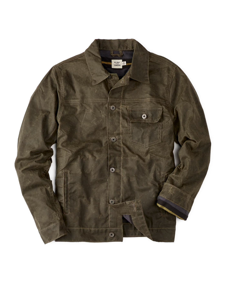 Flannel Lined Waxed Trucker Jacket in Forest