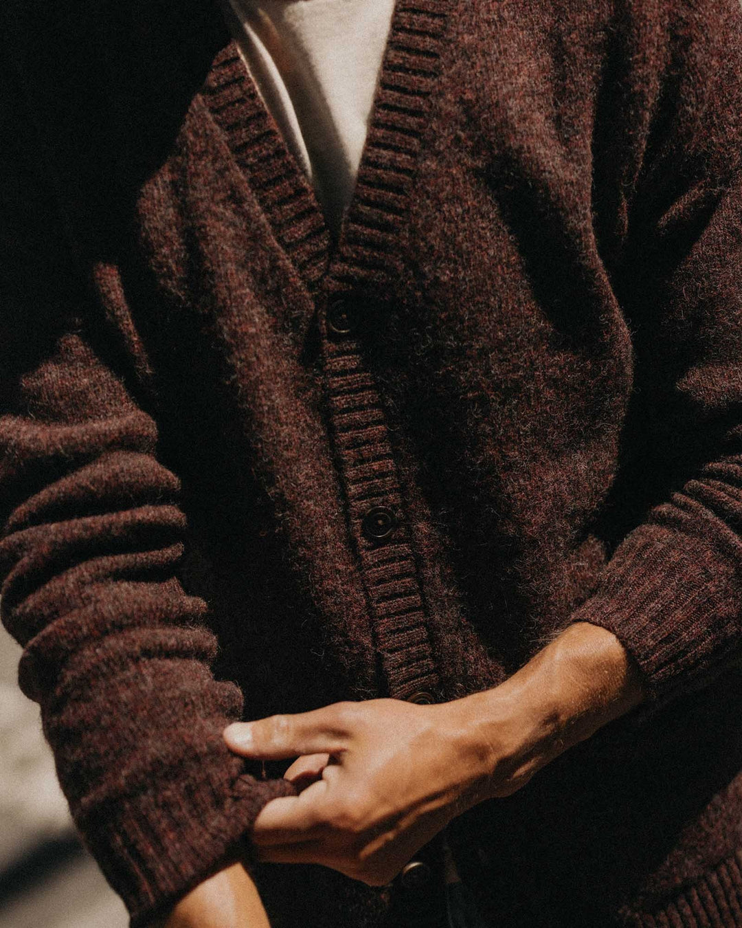 The Eastmoor Cardigan in Heather Port Wool