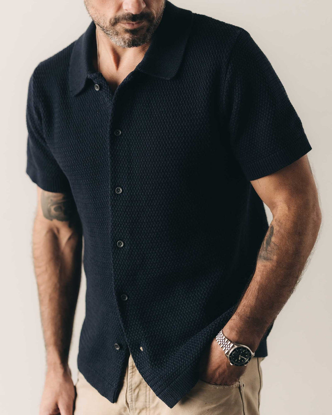 The Button Down Polo in Dark Navy Crochet