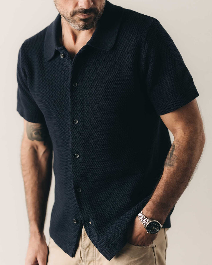 The Button Down Polo in Dark Navy Crochet