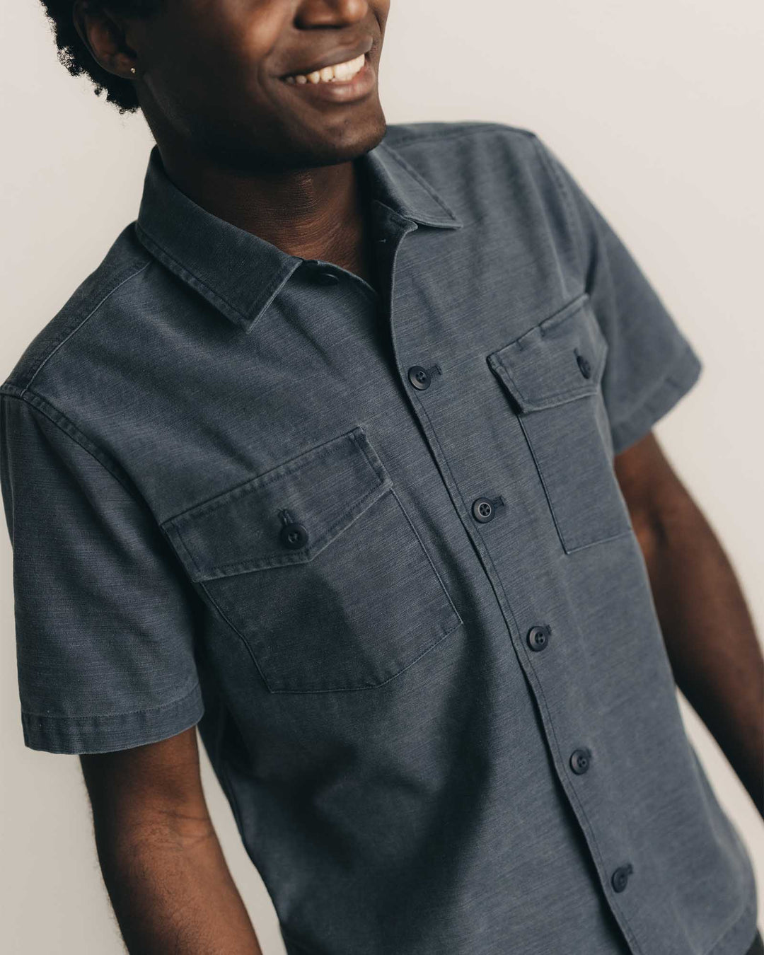 The Short Sleeve Surplus Shirt in Navy Reverse Sateen