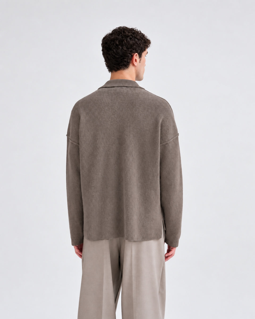 Oversized Ribbed Polo Sweater in Taupe
