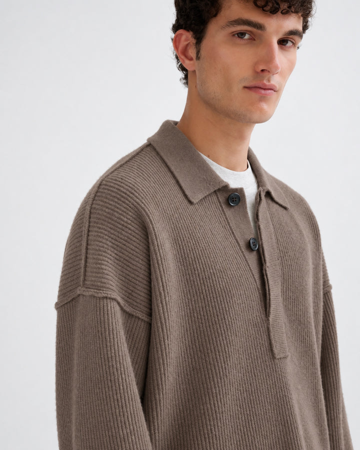 Oversized Ribbed Polo Sweater in Taupe