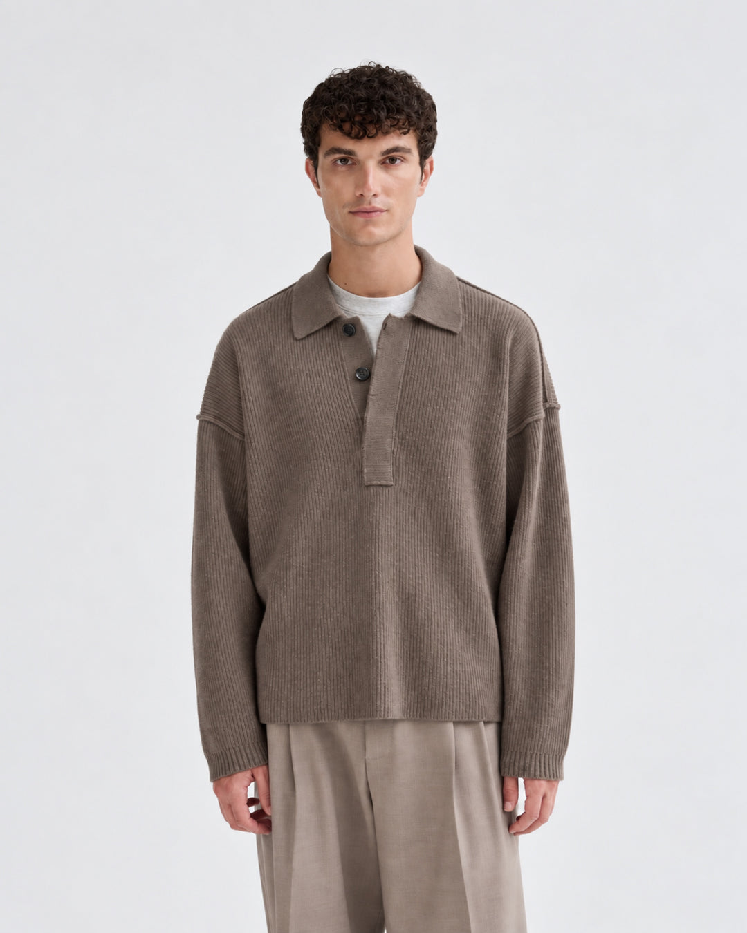 Oversized Ribbed Polo Sweater in Taupe