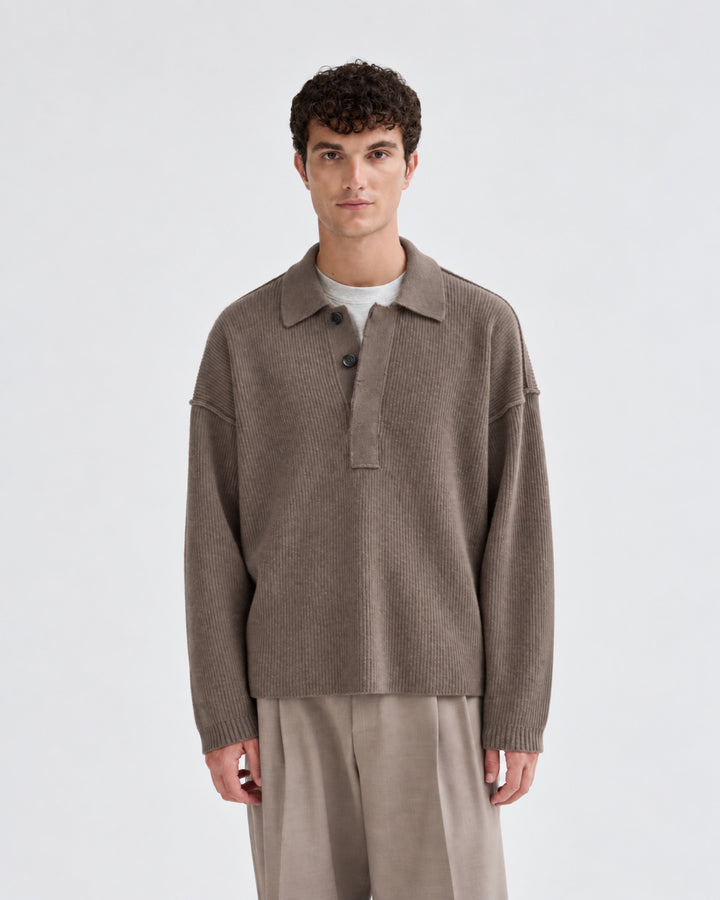 Oversized Ribbed Polo Sweater in Taupe