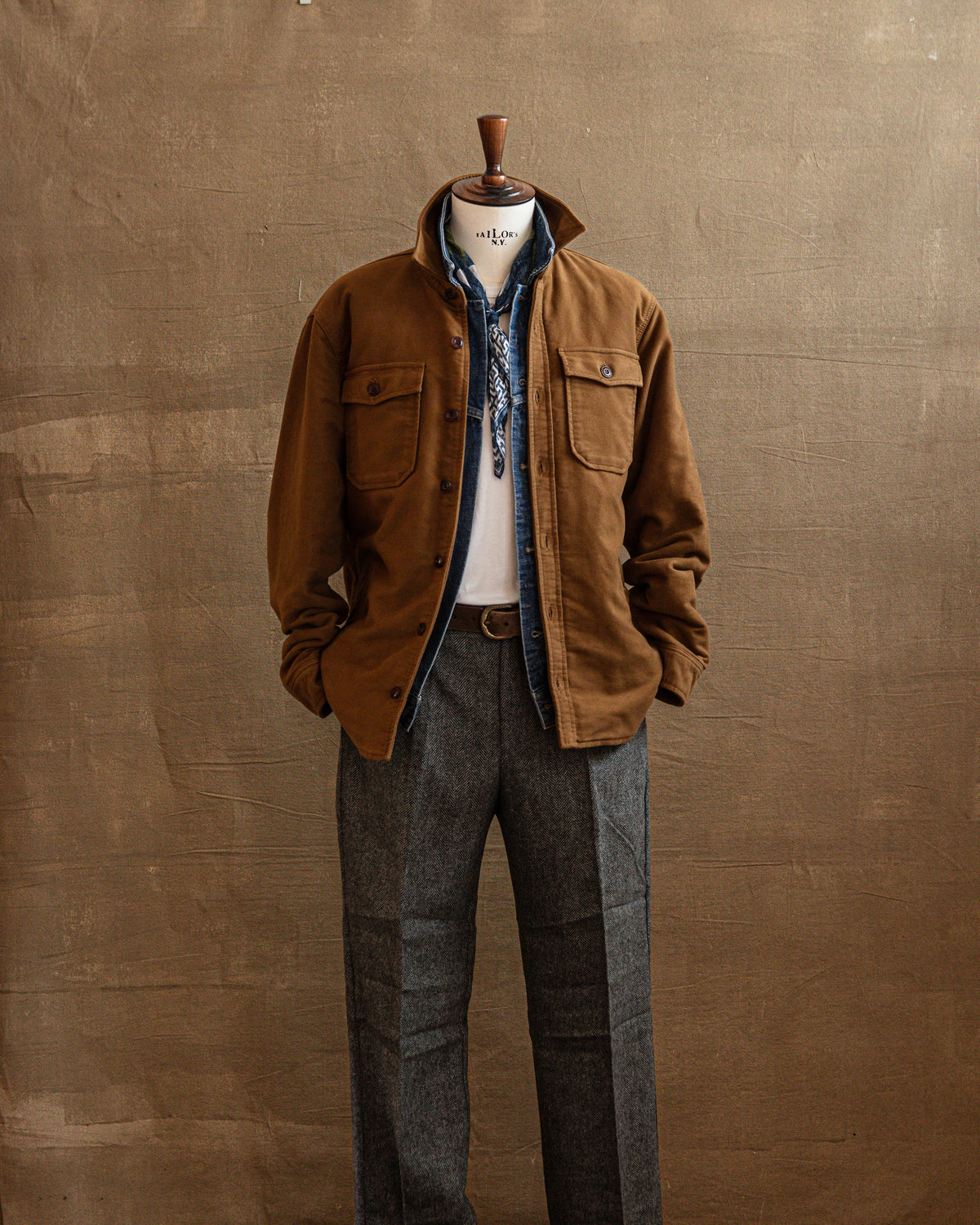 Brown overshirt layered with denim