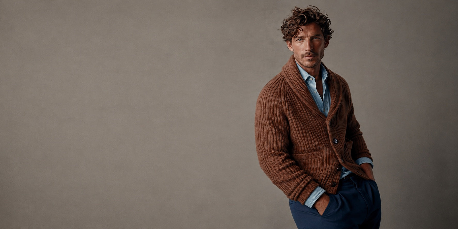 Brown shawl collar cardigan worn with a blue shirt and navy trousers